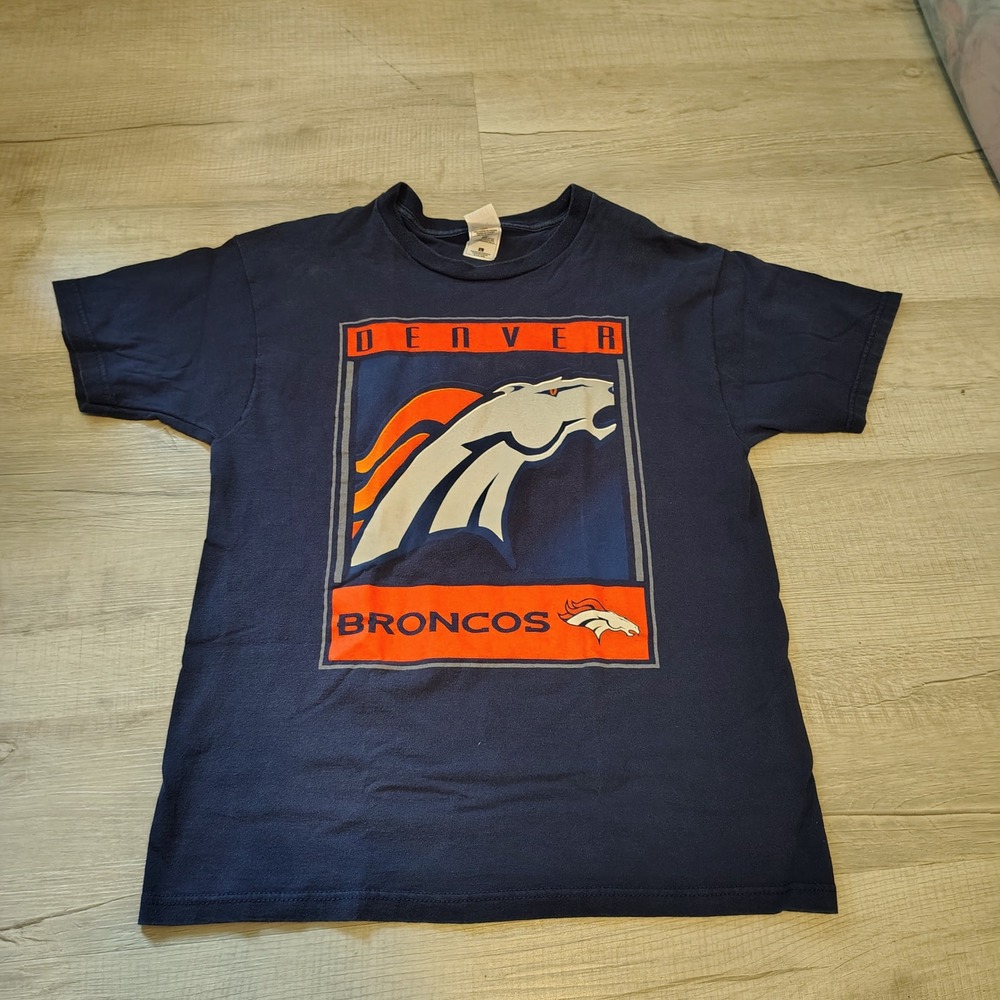 Vtg Fruit of the Loom Denver Broncos Navy Blue Graphic T-Shirt L NFL Football